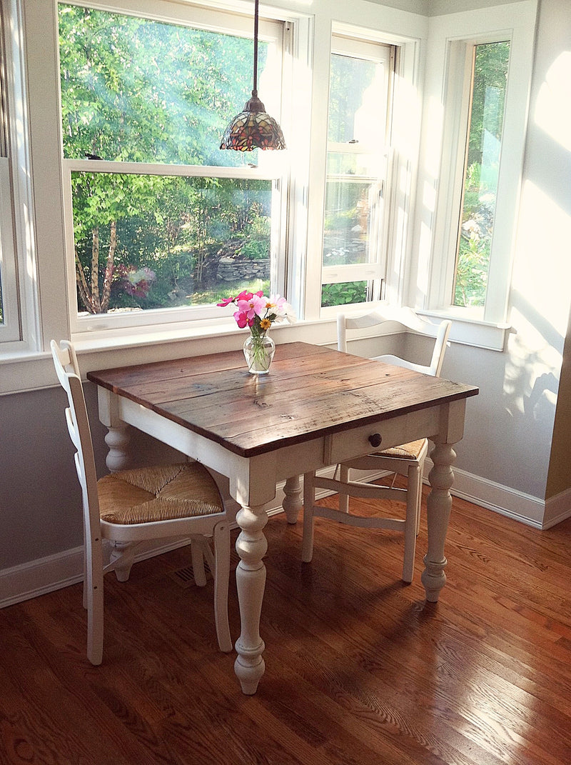 Petite White Farmhouse Table with drawer made with 100+ year old