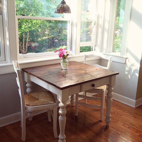 Petite White Farmhouse Table with drawer made with 100+ year old