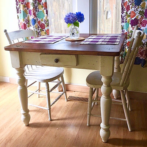 Petite White Farmhouse Table with drawer made with 100 year old